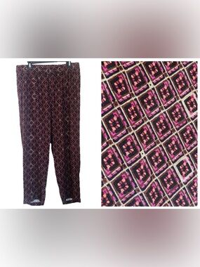 Soft Surroundings Linen Blend Pants Women’s L  Pull On Pockets Diamond Print
